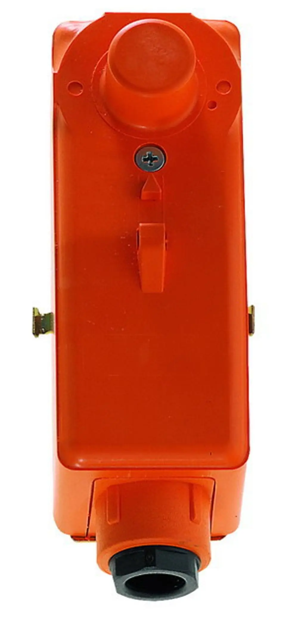 Elektronischer Temperaturregler in orange, ausgestattet mit einem runden Einstellknopf und einem Anschluss für Rohrleitungen, hergestellt von IMI Hydronic Engineering.